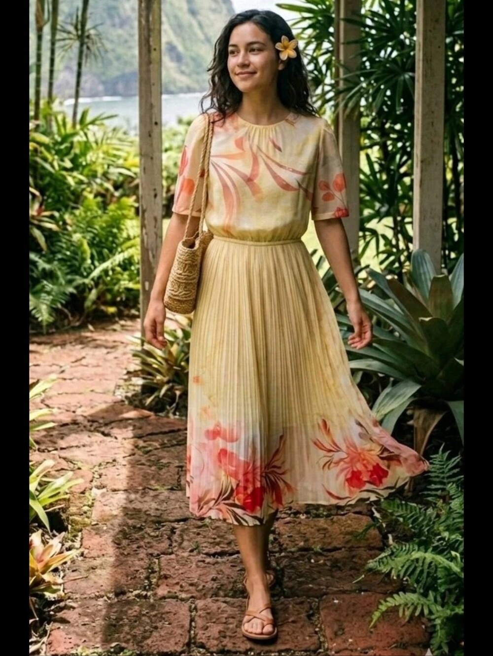 Hanae Mori Japan Vintage Yellow Red Floral Midi Dress Small